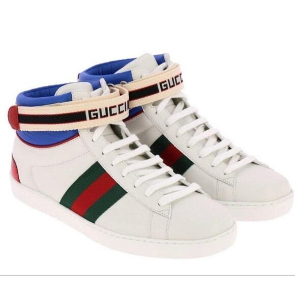 Gucci Other - GUCCI Unisex White Striped Ace Web High-Top Sneakers Size Boys' 7 & Wome…